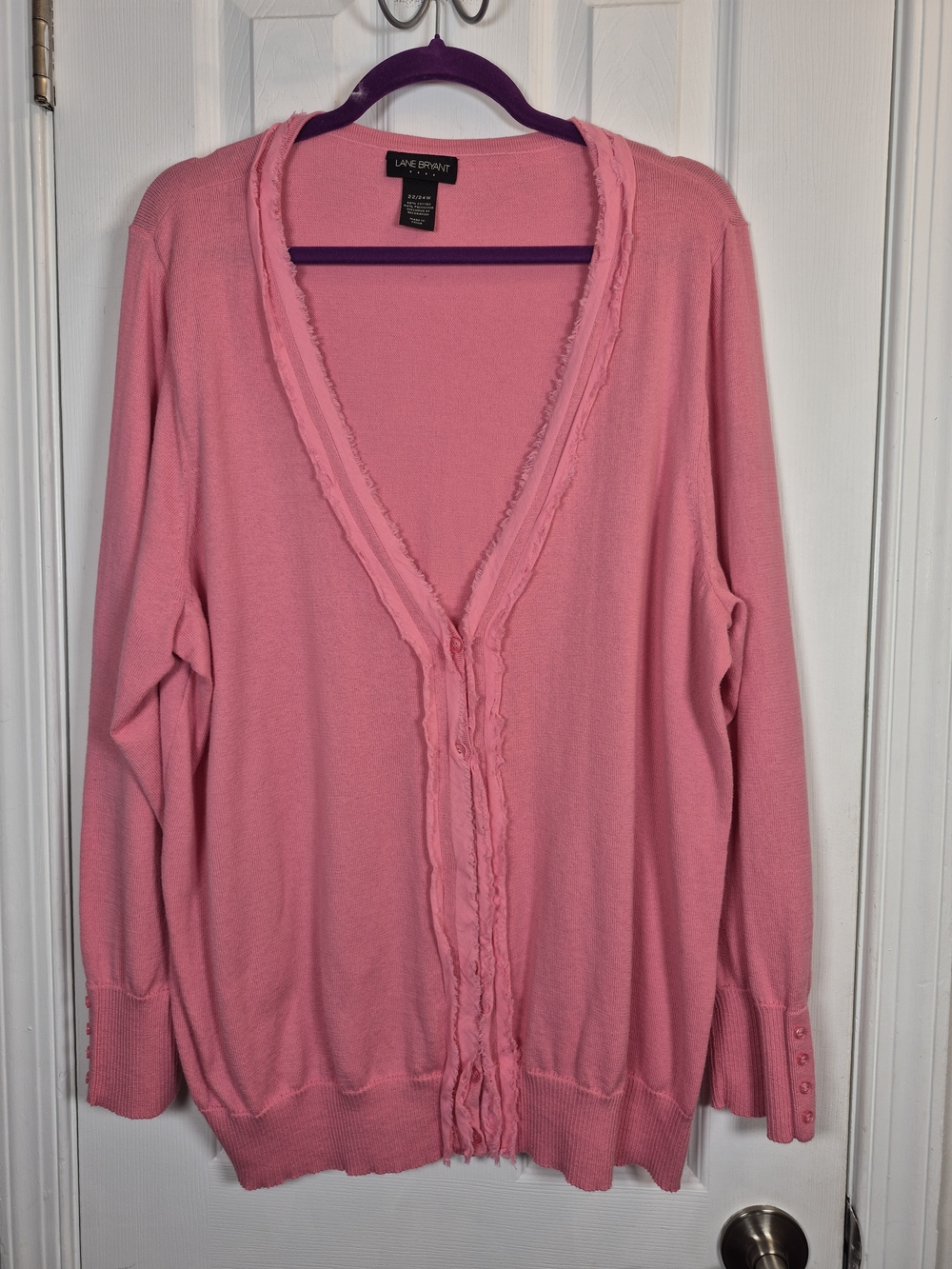 Lane Bryant Pink Fringed V-Neck Cardigan Sweater Button Cuff Plus 22 24 Fall